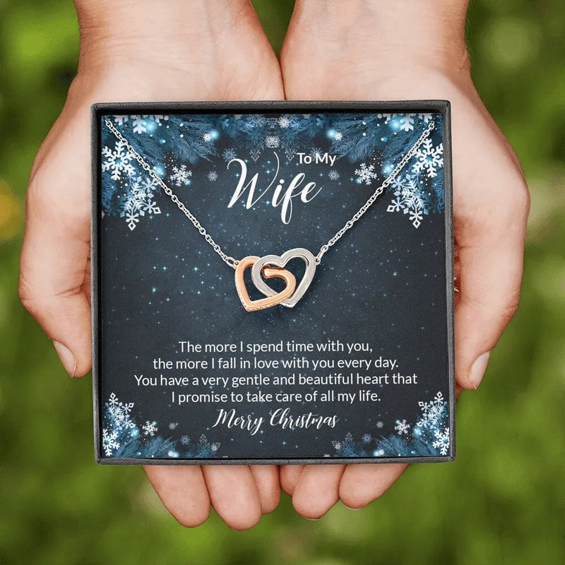Double Heart Pendant Necklace, Wife Interlocking Hearts Necklace, Surgical Steel Jewelry, Romantic Christmas Anniversary Present