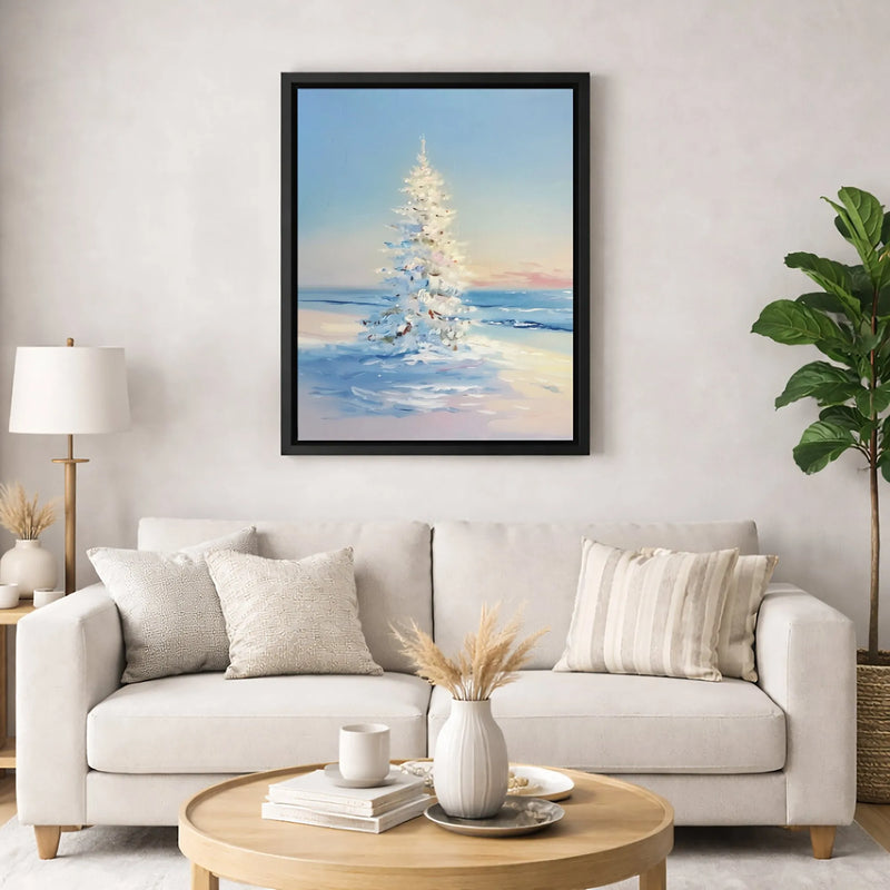 Snowy Beach Impressionist Wall Decor, Coastal Christmas Tree Canvas Art, Holiday Ocean Landscape Print, Digital Download Xmas Present