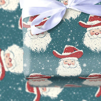 Rustic Teal Christmas Gift Wrap, Western Cowboy Santa Wrapping Paper, Country Santa Claus Wrapping Paper, Snowy Holiday Gift Wrapping Paper