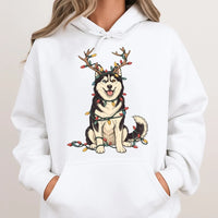 Reindeer Antler Dog Hooded Sweatshirt, Christmas Lights Husky Hoodie, Siberian Husky Pullover, Humorous Holiday Dog Sweater, Dog Mom Present