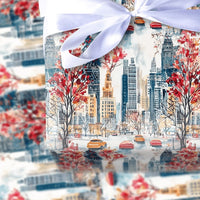 NYC Yellow Taxi Holiday Wrapping Paper, New York Christmas Wrapping Paper, Watercolor Skyline Wrapping Paper, Urban City Travel Gift Wrap