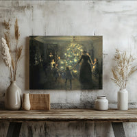 Victorian Family Holiday Canvas Wall Art, Vintage Christmas Tree Canvas Print, Retro Xmas Winter Canvas, Festive Home Decor, Christmas Present