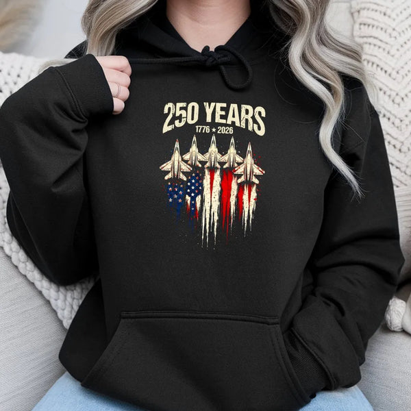 America 250 Years Hoodie | Vintage Fighter Jet American Flag Graphic | Premium Cotton | Collector's 4th of July Gift for Patriots