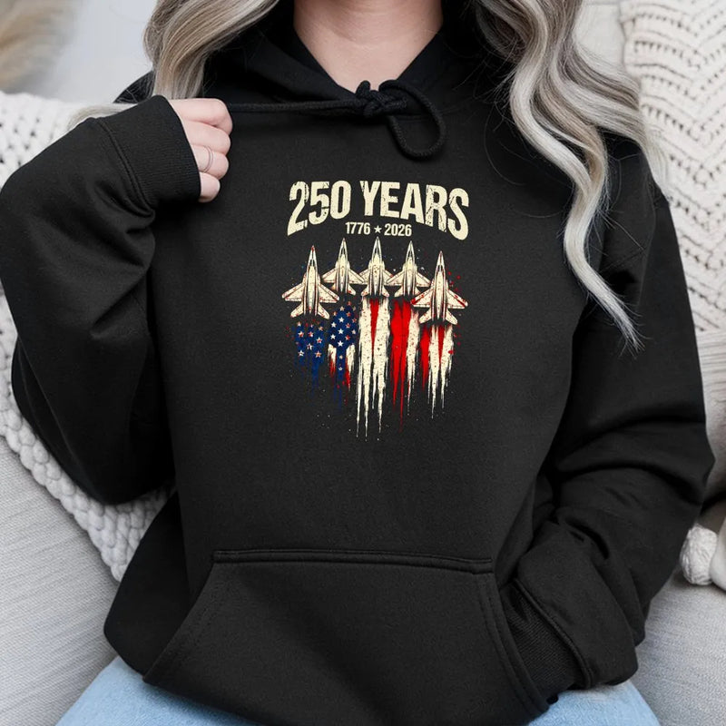 America 250 Years Hoodie | Vintage Fighter Jet American Flag Graphic | Premium Cotton | Collector's 4th of July Gift for Patriots