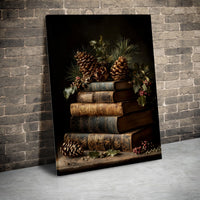 Christmas Book Still Life Canvas Art, Vintage Book Stack Wall Art, Dark Academia Holiday Wall Art Print, Holly Berry Decor, Digital Download