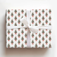 Candle and Red Bow Gift Wrap, Watercolor Christmas Tree Wrapping Paper, Vintage Evergreen Wrapping Paper, Holiday Season Present Paper Roll