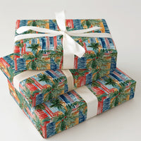 Palm Tree Cityscape Gift Wrap, Tropical Christmas Wrapping Paper, Red Berry Watercolor Gift Wrapping Paper, Coastal Holiday Present Wrap