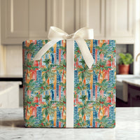Palm Tree Cityscape Gift Wrap, Tropical Christmas Wrapping Paper, Red Berry Watercolor Gift Wrapping Paper, Coastal Holiday Present Wrap