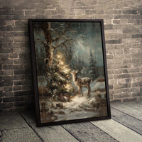 Deer Fawn Christmas Canvas Wall Art, Winter Forest Fawn Canvas Print, Vintage Forest Fawn Canvas Painting, Comfy Holiday Home Decor