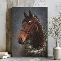 Snowy Equestrian Winter Wreath Portrait, Christmas Horse Canvas Wall Art, Rustic Farmhouse Holiday Decor, Horse Lover Present Art Canvas