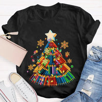 Crayon Christmas Tree Shirt, Art Teacher Christmas T-Shirt, Colorful Art Educator Holiday Graphic Tee, Snowflakes Lights Teacher Present
