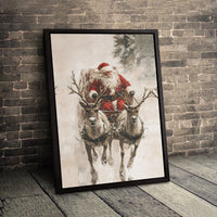 Rustic Christmas Canvas Print, Santa Claus Reindeer Sleigh Canvas Wall Art, Holiday Painting Wall Art, Festive Winter Home Decor Present