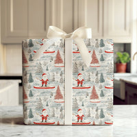Red Canoe Winter Forest Gift Wrap, Santa in Canoe Wrapping Paper, Outdoor Adventure Christmas Paper, Whimsical Holiday Wrapping Paper Roll