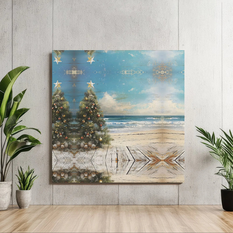 Tropical Beach Ocean View Holiday Poster, Coastal Christmas Tree Canvas Art, Coastal Winter Wall Decor, Digital Download