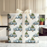 Farmhouse Christmas Truck Gift Wrap, Vintage Blue Truck Wrapping Paper, Rustic Tree Truck Wrapping Paper, Country Holiday Present Wrap