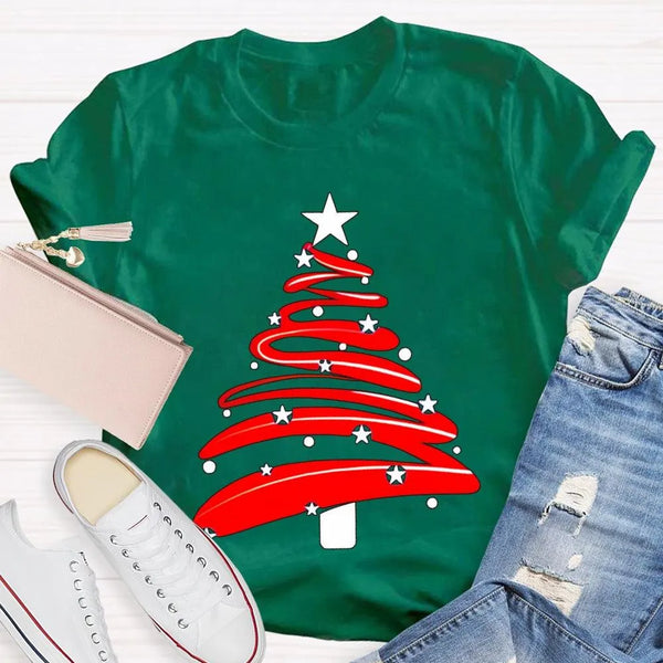 Festive Holiday Season Graphic Tee, Red Christmas Tree Stars Graphic Shirt, Merry Christmas Tree T-Shirt, Winter Holiday Part