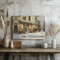 Snowy European Storefront Oil Painting Print, Christmas Village Canvas Wall Art, Comfy Holiday Winter Poster, Festive Digital Download