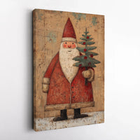 Folk Art Santa Canvas Print, Vintage Santa Claus Canvas Wall Art, Rustic Christmas Tree Canvas Decor, Holiday Santa Claus Canvas Wall Art