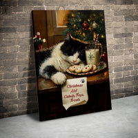 Adorable Holiday Kitten Wall Art Print, Sleeping Cat Christmas Canvas Art, Xmas Cat Milk and Cookies Poster