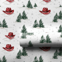 Cowboy Hat Gift Wrap, Western Christmas Wrapping Paper, Rustic Country Xmas Wrapping Paper, Snowy Pine Holiday Paper, Winter Gift Wrap