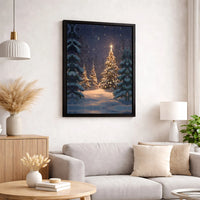 Snowy Winter Forest Print, Christmas Tree Canvas Wall Art, Glowing Lights Holiday Landscape Wall Art, Xmas Digital Download Printable Poster