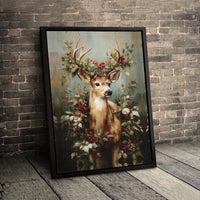 Festive Woodland Reindeer Canvas Print, Christmas Deer Canvas Wall Art, Winter Stag with Red Berries Wall Art, Holiday Cottage Decor