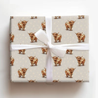 Festive Holiday Lights Gift Wrap, Highland Cow Christmas Wrapping Paper, Farmhouse Animal Wrapping Paper
