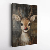 Whimsical Holiday Animal Canvas Print, Red Nosed Reindeer Canvas Wall Art, Christmas Reindeer Wall Decor, Festive Winter Home Art Present