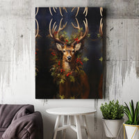 Rustic Holly Pinecone Wreath Canvas Print, Christmas Deer Canvas Wall Art, Holiday Farmhouse Deer Canvas, Winter Wildlife Animal Wall Decor