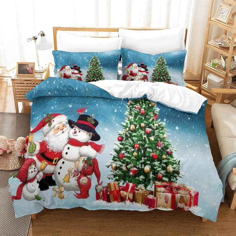 Holiday Bedding Set, Santa and Snowman Christmas Tree Duvet Cover Set, Festive Microfiber Quilt Cover, Xmas Bedroom Decor Present