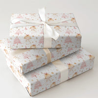 Whimsical Holiday Girl and Gold Stars Gift Wrap Paper, Pink Christmas Wrapping Paper, Adorable Pastel Xmas Present Wrapping Paper Roll