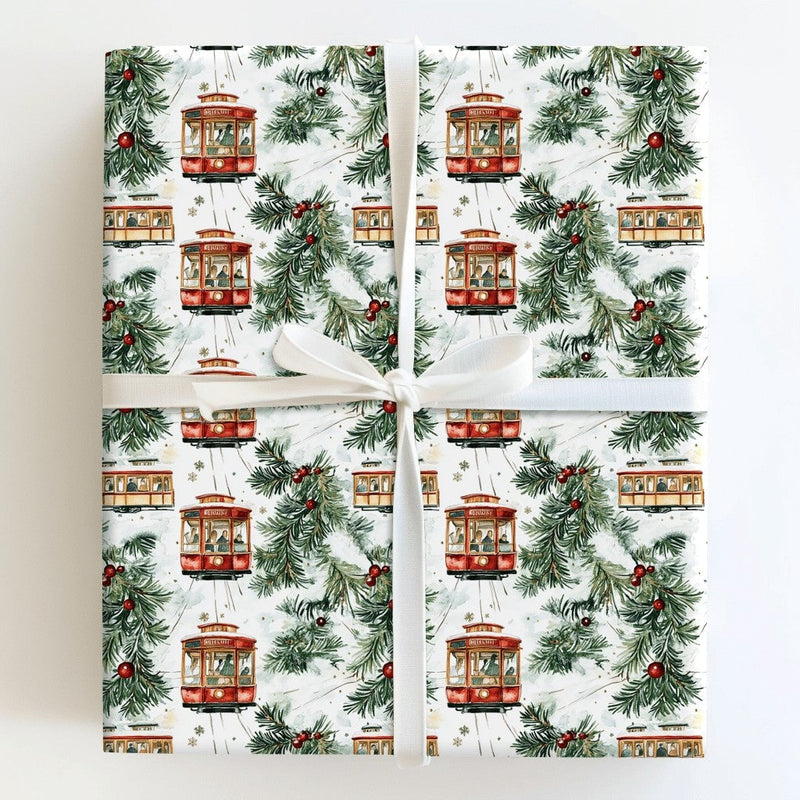 San Francisco Holiday Gift Wrap, Cable Car Christmas Wrapping Paper, Merry Christmas Wrapping Paper, Watercolor Winter City Paper Roll