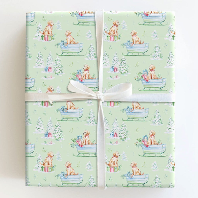 Watercolor Dog Christmas Gift Wrap, Golden Doodle Sleigh Wrapping Paper, Puppy Winter Holiday Wrapping Paper, Dog Lover Gift Wrap Roll