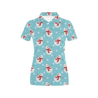 Womens Holiday Festive Shirt, Snowman Print Christmas Polo Shirt, Adorable Winter Snowmen Collar Top, Xmas Vacation Polo Present for Her