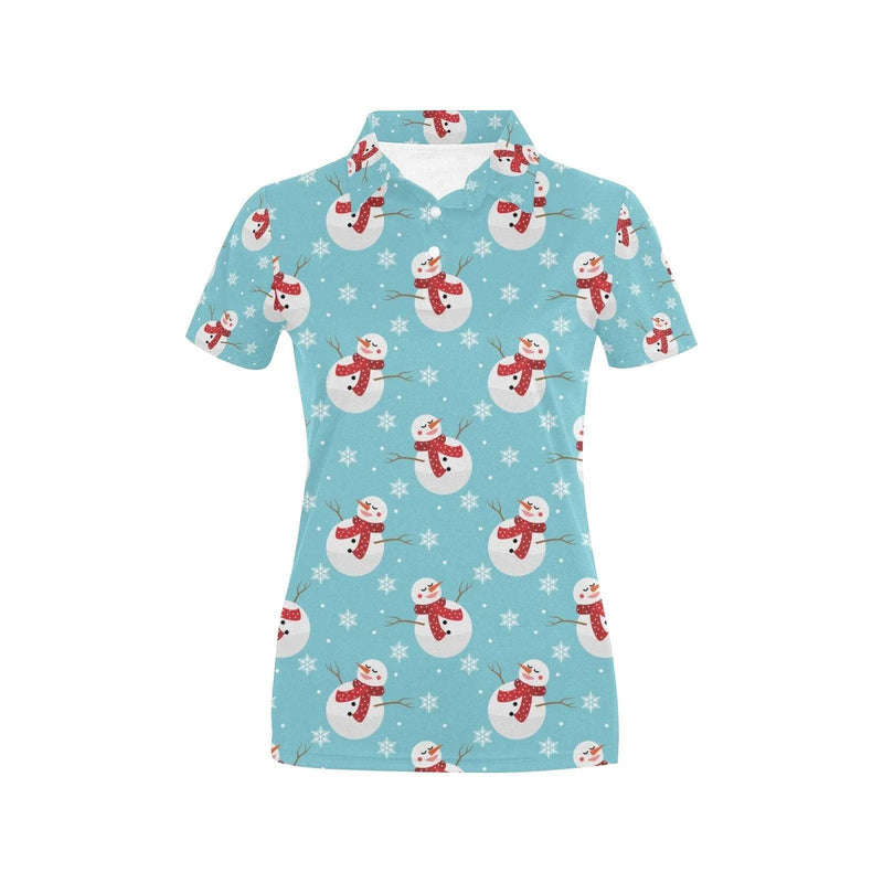 Womens Holiday Festive Shirt, Snowman Print Christmas Polo Shirt, Adorable Winter Snowmen Collar Top, Xmas Vacation Polo Present for Her