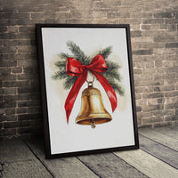 Watercolor Holiday Pine Canvas, Christmas Bell Canvas Wall Art, Red Bow Christmas Canvas Print, Festive Winter Decor, Seasonal Xmas Present