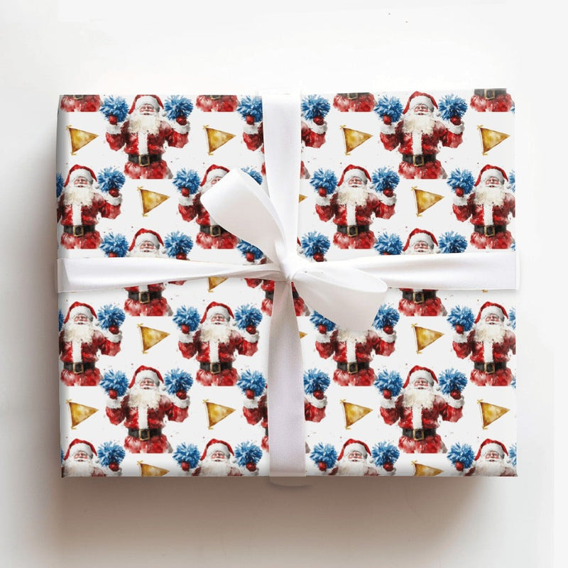 Watercolor Cheer Santa Gift Wrap, Cheerleader Santa Wrapping Paper, Blue Pom Pom Santa Christmas Paper, Adorable Whimsical Holiday Wrap Roll