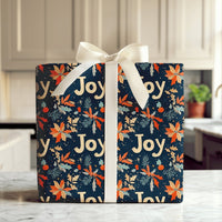Navy Holly Botanical Holiday Wrapping Paper, Joy Poinsettia Christmas Wrapping Paper, Floral Winter Gift Wrap, Elegant Xmas Paper Roll