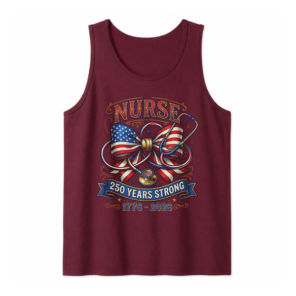 Patriotic Nurse Tank Top | American Flag Bow & Stethoscope 250 Years Strong 1776-2026 | Soft Breathable Fabric | Gift for Nurses & Fourth of July