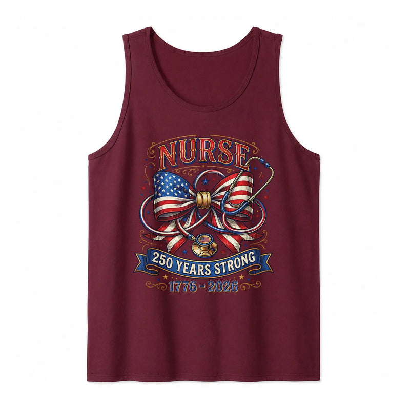 Patriotic Nurse Tank Top | American Flag Bow & Stethoscope 250 Years Strong 1776-2026 | Soft Breathable Fabric | Gift for Nurses & Fourth of July