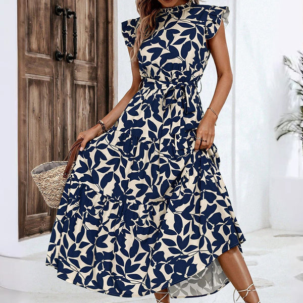 Ruffled Trim Flutter Sleeves Tie-Up Detail Printed Fairy Dress