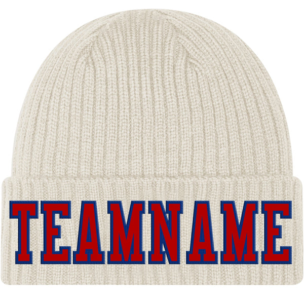 Custom Cream Red-Royal Stitched Cuffed Knit Hat