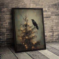 Dark Academia Holiday Canvas Print, Gothic Crow Christmas Tree Canvas, Spooky Raven Winter Wall Art, Moody Gothic Xmas Canvas Wall Decor