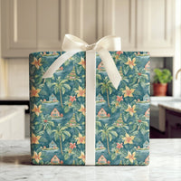 Coastal House Gift Wrap, Tropical Christmas Wrapping Paper, Teal Palm Tree Gift Wrapping Paper, Beach House Present Wrap, Xmas Gift Wrap