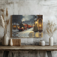 Snowy Railway Station Canvas Print, Christmas Steam Train Canvas Wall Art, Festive Winter Holiday Canvas, Train Lover Wall Decor Xmas Present