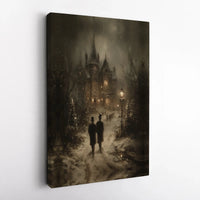 Snowy Christmas Night Canvas Art, Gothic Victorian Mansion Canvas Print, Winter Landscape Canvas Decor, Dark Cottagecore Housewarming Present