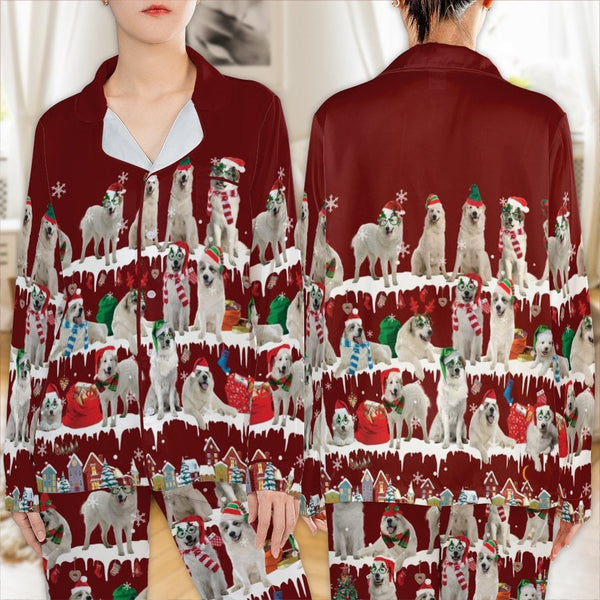 Festive Dog Pajama Set, Christmas Great Pyrenees Pajamas, Holiday Dog Satin Pajamas, Silky Sleepwear Loungewear Set, Dog Love