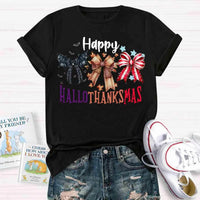 Halloween Thanksgiving Christmas Shirt, Happy Hallothanksmas Bow T-Shirt, Humorous Fall Holiday Mashup Graphic Tee, Autumn Coquette Top