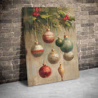 Holiday Baubles Holly Oil Painting Print, Vintage Christmas Ornaments Canvas Wall Art, Festive Winter Wall Decor, Digital Download Poster