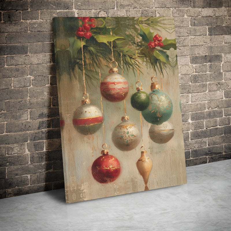 Holiday Baubles Holly Oil Painting Print, Vintage Christmas Ornaments Canvas Wall Art, Festive Winter Wall Decor, Digital Download Poster